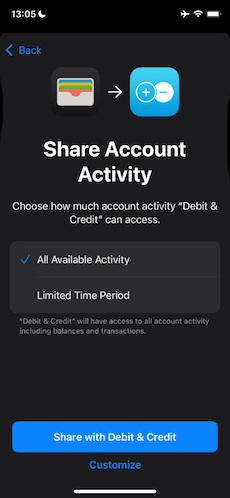 Écran de partage de l'activité d'un compte dans Debit & Credit